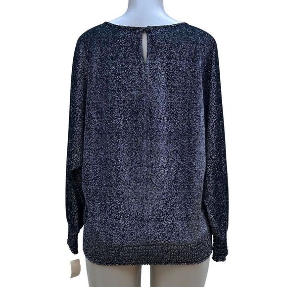 Joanna Sweater Blouse Women's Large Black Sparkly Mylar Blend Smocked Hem - Picture 5 of 16